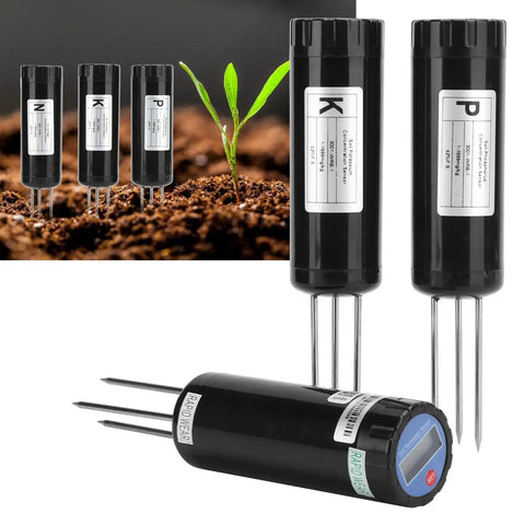 Digital NPK Meter Soil Tester With Simple Readout For Nitrogen Phosphorus And Potassium In Soil A Pro Grade Gardening Tool For Garden Lawn Farm Indoor And Outdoor Use 1 Pack showing sensors with plant sprout.