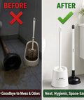Heavy Duty Toilet Plunger And Brush Set With Nifty Hideaway Stand For No Fuss Bathroom Refresh displayed before and after cleaning.
