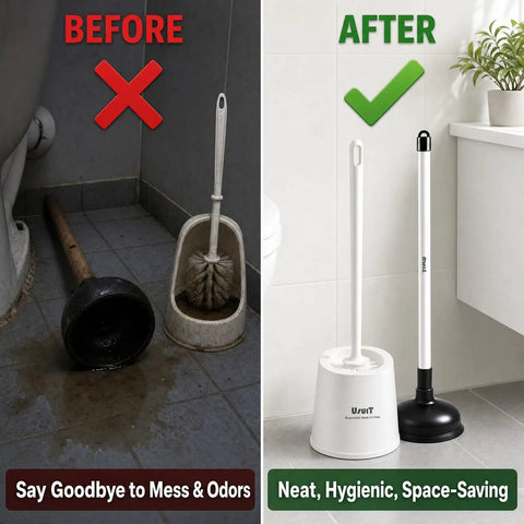 Heavy Duty Toilet Plunger And Brush Set With Nifty Hideaway Stand For No Fuss Bathroom Refresh displayed before and after cleaning.