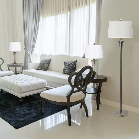 Living room with Tapered 3 Lamp Set With White Fabric Shades In Brushed Nickel, Includes 2 Table Lamps And 1 Floor Lamp