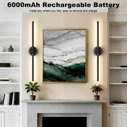 Premium Rechargeable LED Wall Sconces Set Of Two With Remote Control Hella Bright Dimmable Lamps With Built In 6000mAh Battery No Sweat USB C Charging Modern Ambient Lighting mounted beside wall art.
