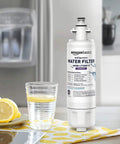 LG LT700P Refrigerator Water Filter Replacement with Premium Coconut Shell Activated Carbon Filtration near glass of water