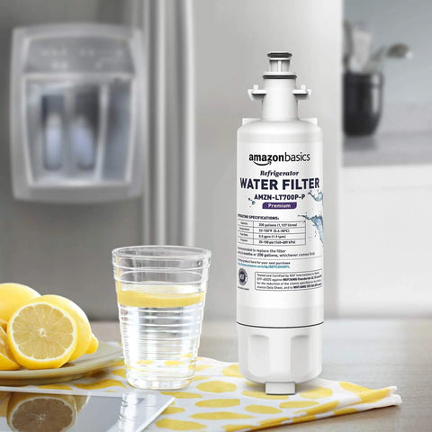 LG LT700P Refrigerator Water Filter Replacement with Premium Coconut Shell Activated Carbon Filtration near glass of water
