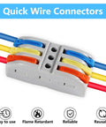 Three In Three Out Lever Nut Wire Connectors For Quick Push In Splice with wires inserted, showing top view and multiple color-coded levers.