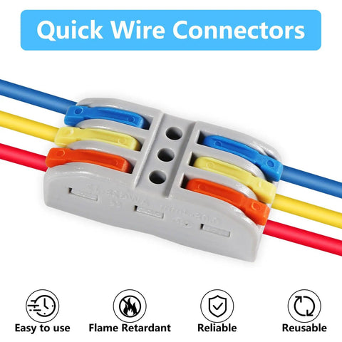 Three In Three Out Lever Nut Wire Connectors For Quick Push In Splice with wires inserted, showing top view and multiple color-coded levers.