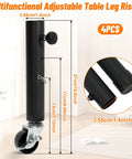 4 Pack Adjustable Table Leg Risers Featuring Smooth Rolling Casters Heavy Duty Metal Extenders dimensions with detailed measurements.