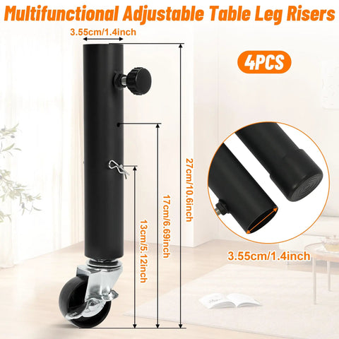 4 Pack Adjustable Table Leg Risers Featuring Smooth Rolling Casters Heavy Duty Metal Extenders dimensions with detailed measurements.