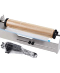 Heavy Duty Stainless Steel Tabletop Stretch Film Dispenser With Smooth Slide Cutter For 16 To 26 Inch Plastic Wrap Rolls and black dispenser.