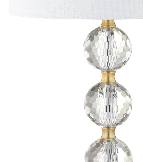 Clear And Brass Gold Crystal Table Lamp With Faceted Orb Design, Modern Glam Bedside Lamp With White Linen Drum Shade