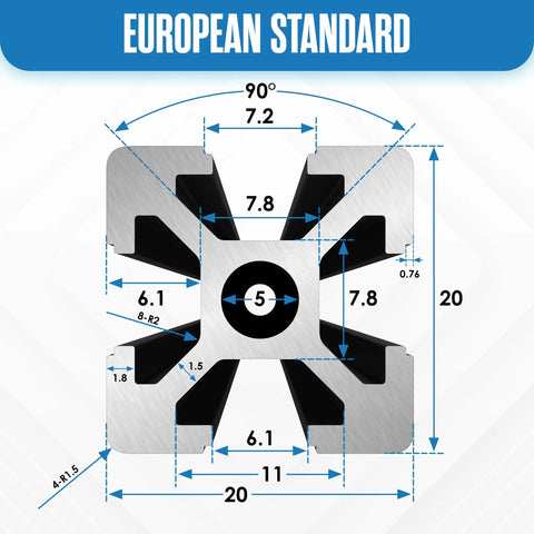 Diagram of Aluminum Extrusion T Slot Rail 20x20mm 1220mm Kit For 3D Printer CNC Framing And DIY Projects, measurements shown