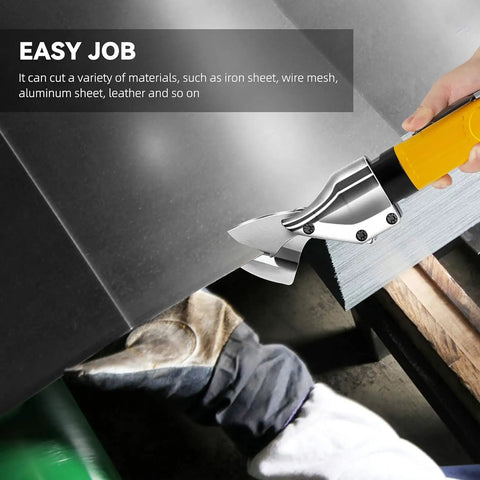 Pneumatic Metal Cutting Shear For Heavy Duty Fast And Precise Cuts In Iron Aluminum Carpet And Leather shown cutting metal