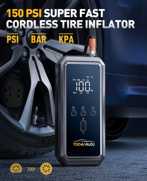 150 PSI cordless tire inflator from 9 In 1 Jump Starter With Air Compressor 5500A 150 PSI Portable Car Battery Jump Starter