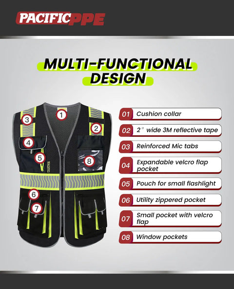 Top Notch Class 1 Black Safety Vest With Ten Roomy Cargo Pockets And 3M Reflective Straps showcasing multi-functional design features like pockets.