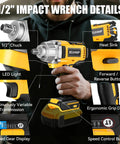 Pro Grade 1/2 Inch Cordless Impact Wrench Fits 20V Max Batteries with LED light, ergonomic grip and speed control features.
