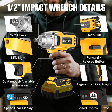 Pro Grade 1/2 Inch Cordless Impact Wrench Fits 20V Max Batteries with LED light, ergonomic grip and speed control features.