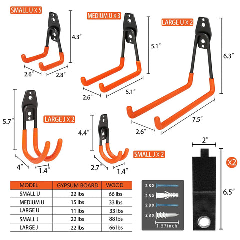 Heavy Duty Steel Hooks 16 Pack With Anti Slip Coating Wall Mount Garage Storage for Hanging Bikes Ladders Tools