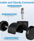 Office chair caster wheels, two black polyurethane wheels with metal stems; universal stem fits most chairs.