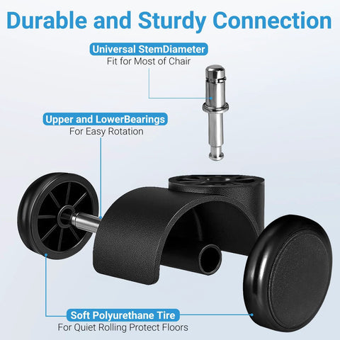 Office chair caster wheels, two black polyurethane wheels with metal stems; universal stem fits most chairs.