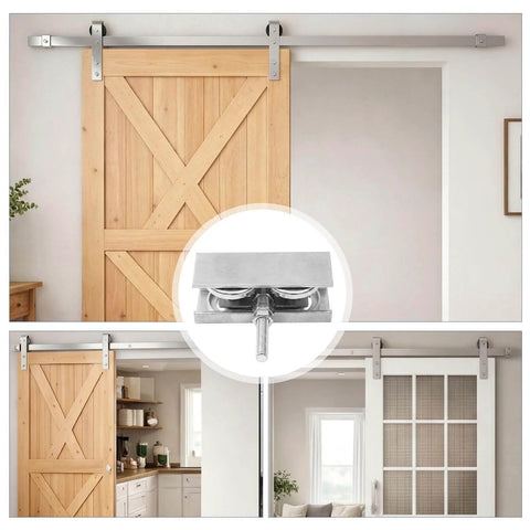 Two Pack Barn Door Roller Trolleys With Beefy Four Wheel Heavy Duty Assembly for Sliding Barn Doors on rails and hanging track beam