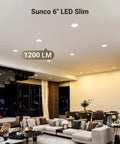Living room with 12 Pack 6-Inch LED Recessed Lights With Junction Box, Slim Canless Ceiling Downlights, showing 1200 Lumens brightness.