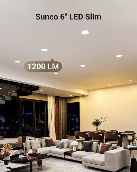 Living room with 12 Pack 6-Inch LED Recessed Lights With Junction Box, Slim Canless Ceiling Downlights, showing 1200 Lumens brightness.