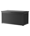 320 Gallon Lockable Resin Deck Box Waterproof And UV Resistant Outdoor Storage Box For Cushions Garden Tools And Pool Accessories Beefy Heavy Duty Weatherproof Black, showing front and side view