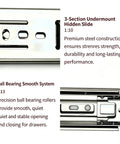 Heavy Duty Full Extension Drawer Slides With Rock Solid Side Mount Build For Buttery Smooth Kitchen Cabinet And Closet Operation, 3-section steel construction.
