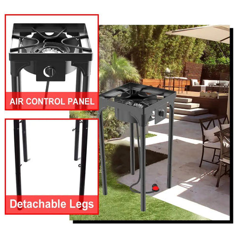 Go To Portable Propane Stove For Outdoor And Indoor Use With Single And Double Burners, Premium Gas Hose, Detachable Legs, set up in a patio