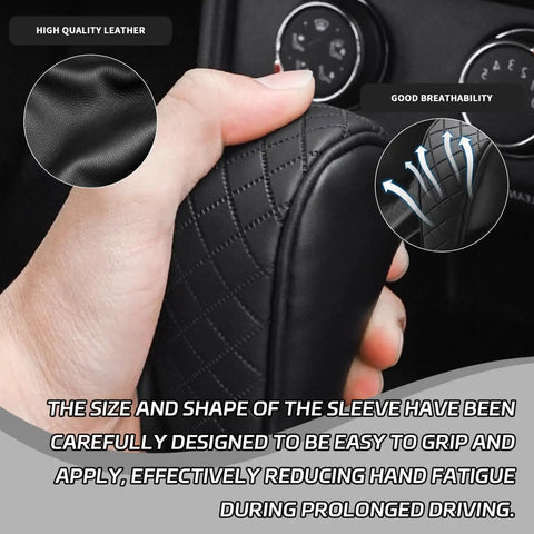 Leather Gear Shift Knob Cover With Upgraded Anti Slip Grip being installed in a car showing high quality leather and breathability features.