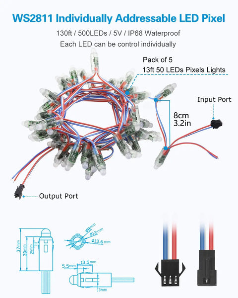 Individually Addressable Dream Color Lit RGB LED Pixels 500 Pack WS2811 12mm Diffused Lights for Outdoor Displays IP68 Waterproof