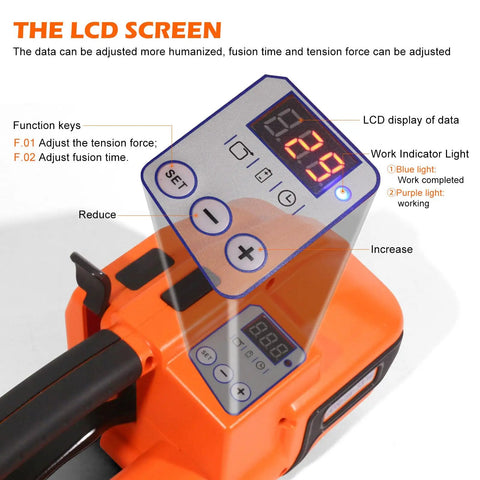 Built Tough Cordless Electric Strapping Machine With Bright Lcd Screen showing adjustable tension and fusion time settings.