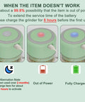 Electric Herb Grinder For Spice And Dry Herbs With 3.4 Ounce Capacity One Touch Operation For Fast Grinding Portable USB Charging Clear Viewing Chamber Includes Cleaning Brush And Tweezers Pale Green Gift Ready in charging status modes