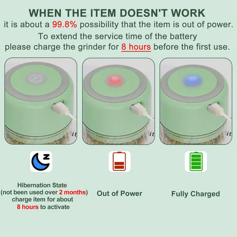 Electric Herb Grinder For Spice And Dry Herbs With 3.4 Ounce Capacity One Touch Operation For Fast Grinding Portable USB Charging Clear Viewing Chamber Includes Cleaning Brush And Tweezers Pale Green Gift Ready in charging status modes