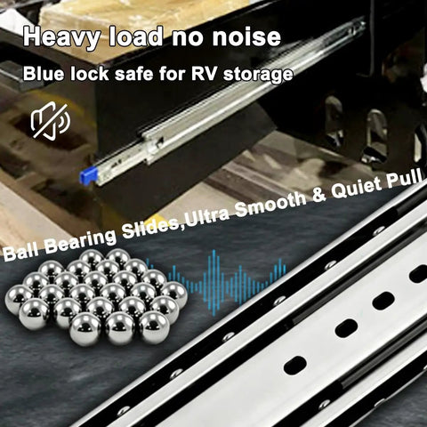 Tough As Nails Heavy Duty Drawer Slides With Lock For Pickup Trucks Side Mount 3 Fold Design 485 Lb Load Rating Built For Tool Boxes Truck Bed Storage RV Compartments And Industrial Cabinets, side view with blue lock