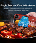 Person using Ultra Fast Digital Meat Thermometer For BBQ USB C Rechargeable Kitchen Thermometer With 0.5s Read Time And 0.5 Fahrenheit Accuracy VA LCD Display Great For Grill Candy Making Brewing on grill with food.