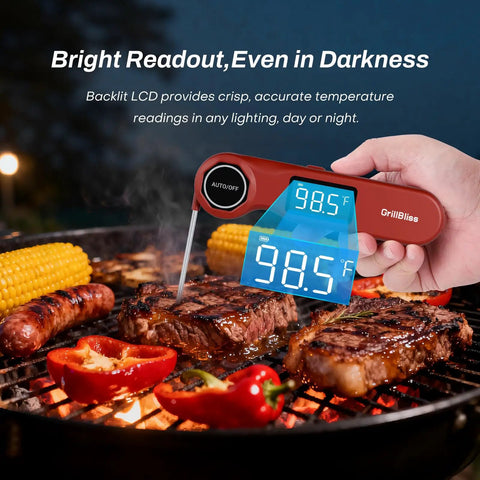 Person using Ultra Fast Digital Meat Thermometer For BBQ USB C Rechargeable Kitchen Thermometer With 0.5s Read Time And 0.5 Fahrenheit Accuracy VA LCD Display Great For Grill Candy Making Brewing on grill with food.