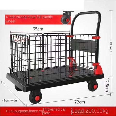 Heavy Duty Platform Cart With Folding Cage Two In One Use Convertible Hand Truck To Platform Trolley And Push Cart Dolly For Moving Bulky Loads, 72x48x89 cm