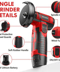 Cordless 3 Inch Mini Angle Grinder Kit With Dual 16.8V 2000mAh Batteries, 5 Grinding Wheels, Fast Charger, No Cords, And 19500 RPM Power For Cutting, Grinding And Polishing Red showing detailed features including spindle lock and metal wheel guard.