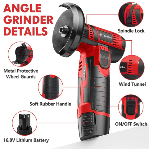 Cordless 3 Inch Mini Angle Grinder Kit With Dual 16.8V 2000mAh Batteries, 5 Grinding Wheels, Fast Charger, No Cords, And 19500 RPM Power For Cutting, Grinding And Polishing Red showing detailed features including spindle lock and metal wheel guard.
