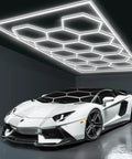 Hexagon LED Garage Lights Honeycomb Grid Panels 672W 80640LM 6500K Beastly Bright illuminating white car in garage