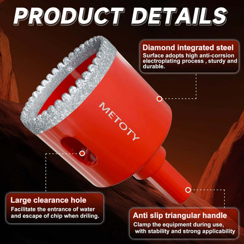 Diamond hole saw drill bit, orange body with serrated diamond edge, side view