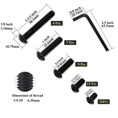 Built Tough 48 Piece Button Head Socket Cap Screw Kit With Five Sizes Plus Rugged Hex Key Black Oxide Treated 10.9 Grade Fully Threaded Bolts, assorted sizes and hex key.