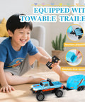 Child playing with Mini RC Truck 1 To 64 Scale Monster Truck With Lights 2.4GHz Remote Control Car And Trailer Adjustable Speed And Steering Blue Edition