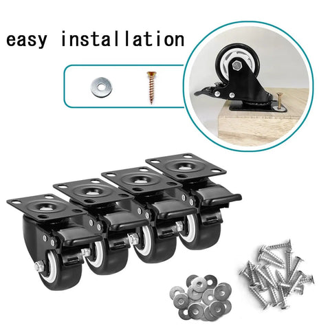 Heavy Duty 2 Inch Swivel Caster Wheels With Dual Lock Brakes, showing easy installation with screws and washers for furniture use.