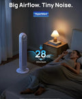 Bladeless 36-Inch Tower Fan For Bedroom, Ultra Quiet 28 dB, near bed with soft lamp light in dim bedroom setting