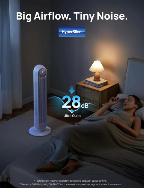 Bladeless 36-Inch Tower Fan For Bedroom, Ultra Quiet 28 dB, near bed with soft lamp light in dim bedroom setting