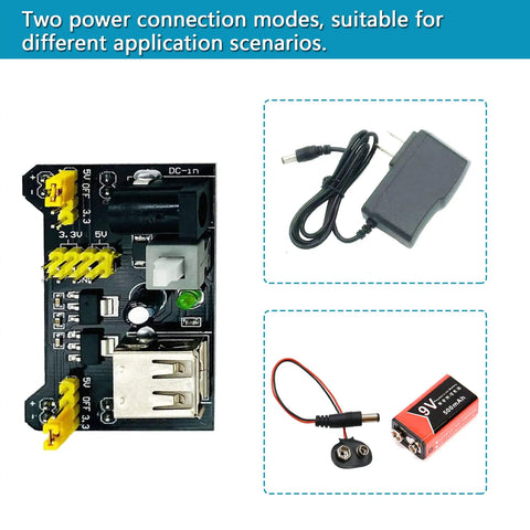 All In One Upgraded Electronics Component Kit With Power Supply 9V 1A Breadboard 830 Point showing DC power module and 9V battery setup
