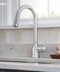 Adler Chrome One Handle Kitchen Faucet With Power Clean Spray and Smooth Reflex High Arc Pull Down Sprayer installed in kitchen