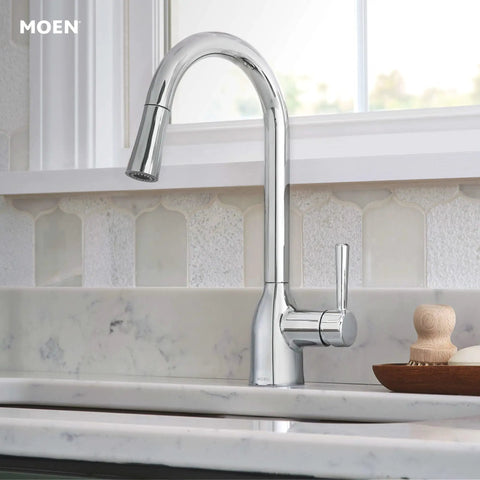 Adler Chrome One Handle Kitchen Faucet With Power Clean Spray and Smooth Reflex High Arc Pull Down Sprayer installed in kitchen