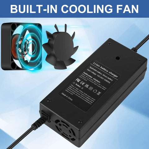 Fast And Safe 54.6V 3A Universal Battery Charger For 48V LiIon Pack with built-in cooling fan shown close up.